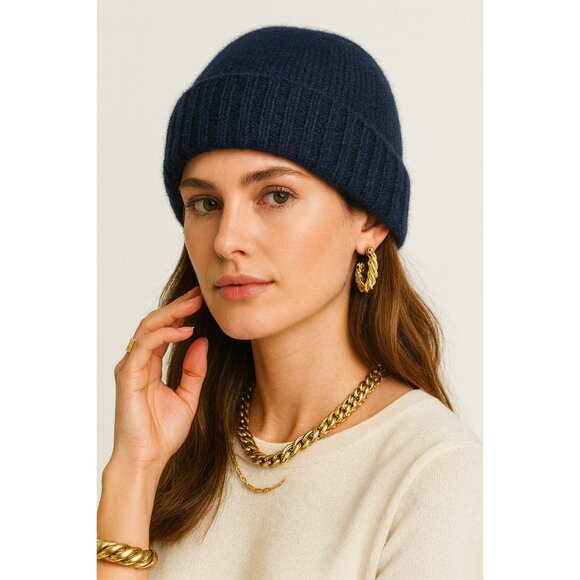 100% Cashmere Beanie Hat Navy Blue Soft Rib Knit Winter Warm Unisex Madein Nepal - Picture 1 of 6